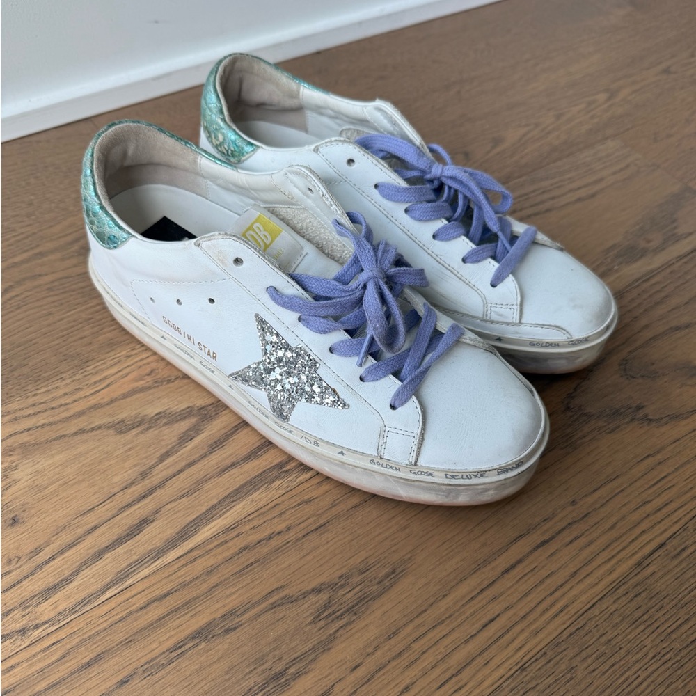 Golden Goose White and Silver Sneakers with Blue Laces